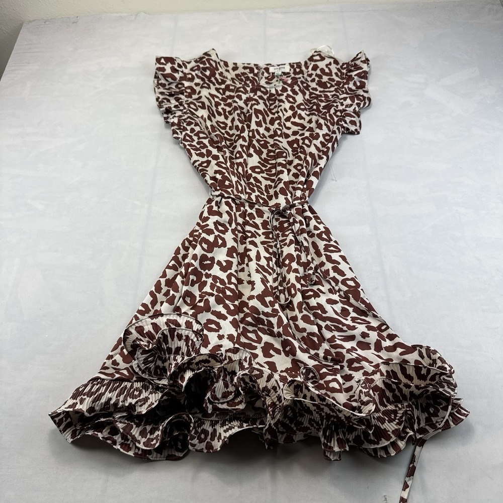 Umgee USA Women's L Brown Cream Animal Print Ruffle Hem Belted Dress NWT